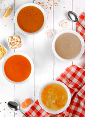 various soups with mushroom tomato and lentil