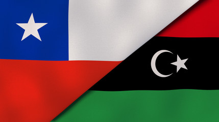 The flags of Chile and Libya. News, reportage, business background. 3d illustration