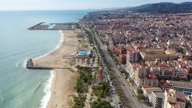 Picturesque aerial view of winter cityscape of Mataro on Mediterranean coast, Costa del Maresme, Spain 
