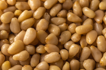Pine nuts background. Vegetarian healthy snack. Organic food. Vegetable diet