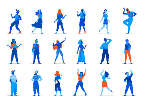 Personaggi maschili e femminili per l'animazione. Avatar donne e uomini in diverse posizioni isolati su fondo bianco