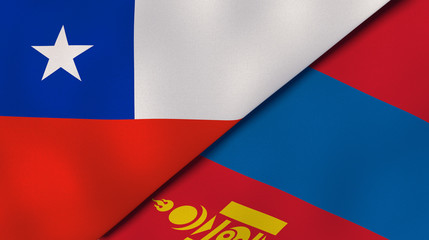 The flags of Chile and Mongolia. News, reportage, business background. 3d illustration