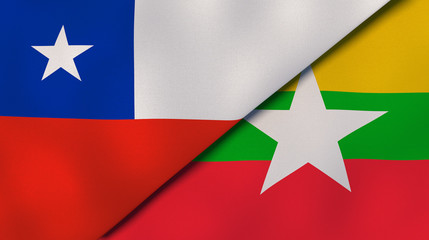 The flags of Chile and Myanmar. News, reportage, business background. 3d illustration