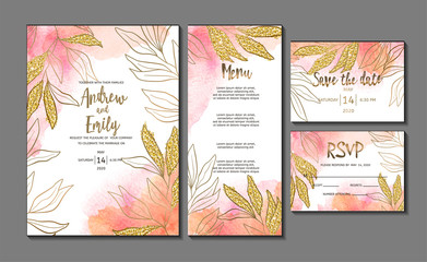 Wedding invitation card with abstract watercolor background and gold leaves. Menu card, Save the Date and RSVP card templates