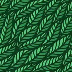 Fototapeta na wymiar Seamless pattern with flowing waves of dark green leaves. The effect of volume and 3D. Square endless texture for the design of wallpaper, backgrounds, fabrics, wrapping paper. Vector illustration.