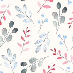 Seamless pattern with watercolor leaf and branch