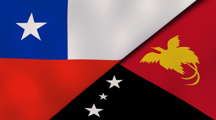 The flags of Chile and Papua New Guinea. News, reportage, business background. 3d illustration