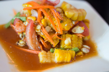 Thai food,.Corn Salad with Salted Eggs and Dried Shrimp