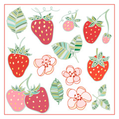 Strawberry leaves flowers doodle hand drawn graphics vector