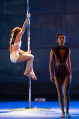 Obraz na płótnie Canvas The duo of a girl athlete gymnasts show a pair acrobatic performance on the pylon.