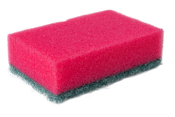 Close-up red sponge for washing dishes isolated on white background side view