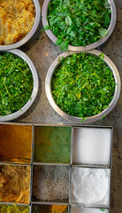 various spices in an Indian restaurant, top view