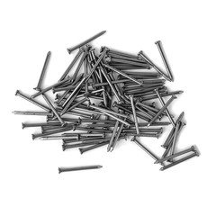 Close-up pile of small grey metal nails isolated on white background, top view. Stainless fastener used in construction