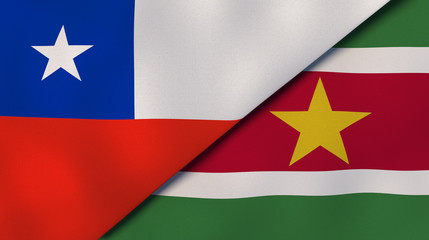 The flags of Chile and Suriname. News, reportage, business background. 3d illustration