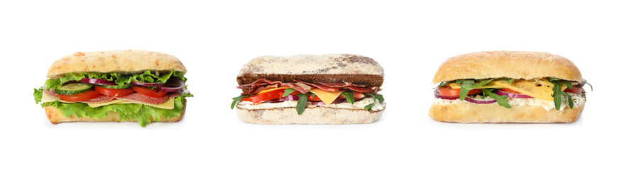 Set of different yummy sandwiches on white background. Banner design