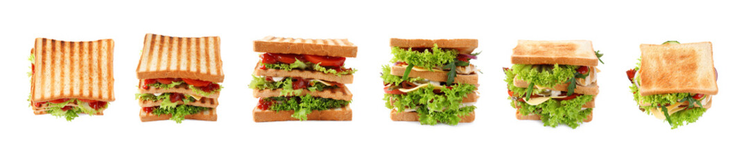 Set of different yummy sandwiches on white background. Banner design