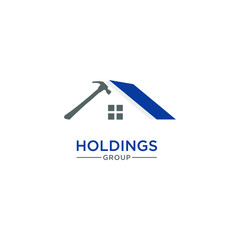 holdings logo design with roof and hammer concept illustration
