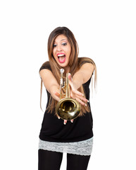 Funny woman holding trumpet isolated