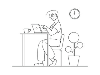 A man working at home on some project, he is sitting at a table, pointing ideas on a computer notebook.