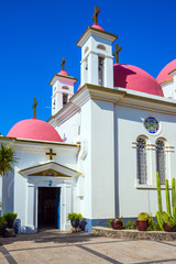 Fototapeta na wymiar Snow-white church building with pink domes