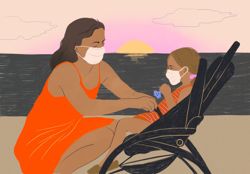 Family outdoors in 2020 spring pandemics, woman with child