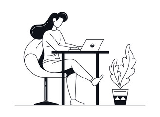 Woman sitting at her desk and working on laptop. Vector illustration concept in flat line black and white style.