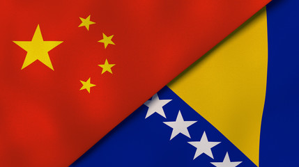 The flags of China and Bosnia and Herzegovina. News, reportage, business background. 3d illustration - obrazy, fototapety, plakaty