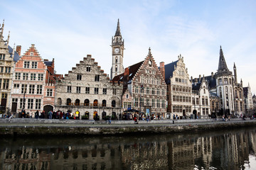 View of a Ghent, a city of Belgium, with historical buildings and a river