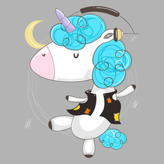 Cute cartoon unicorn wearing headphones and listening to music on polka dot background illustration vector.
