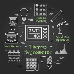 Vector black concept of hydroponic and growth led light - thermo hygrometer