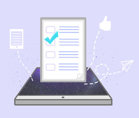 Checkbox with tick over tablet. Distant exam, online test - flat illustration