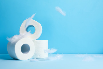 Toilet paper and feathers on blue background, space for text