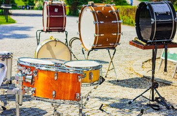 Fototapeta na wymiar Percussion instruments outdoors. The big drum. Drums