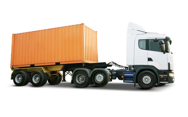 White heavy truck with cargo container