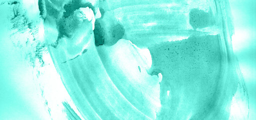 Abstract watercolor background hand-drawn on paper. Volumetric smoke elements. Blue-Green color. For design, web, card, text, decoration, surfaces.
