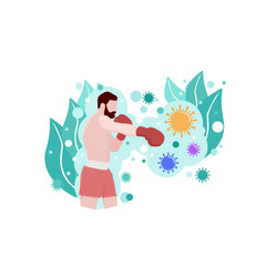 Boxer in gloves, fights off coronavirus. Illustration in a flat style. Vector.