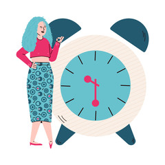 Cartoon woman standing by giant clock counting time