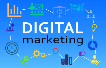 Digital marketing strategy. Linked icons on blue background