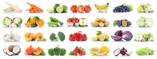 Wall murals Fresh vegetables Fruits vegetables collection isolated apple apples oranges garlic tomatoes banana colors fresh fruit