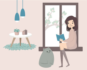 Stay home concept. Day routine. Girl reading book with cat.  Cozy modern scandinavian interior. Self isolation, quarantine. Coronavirus.