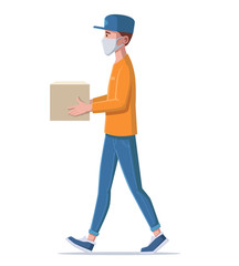 A deliveryman in medical mask is carrying a box of goods. Vector illustration.