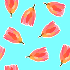 Seamless floral sticker vector pattern. Pink Protea flowers on blue background. Lines, flowers, plants illustration for wrapping paper, cards, clothes, textiles, weddings, Women's and Mother's Day