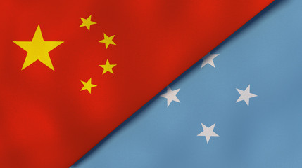The flags of China and Micronesia. News, reportage, business background. 3d illustration