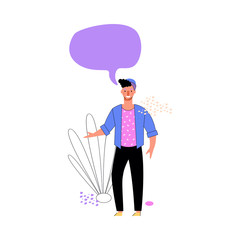 Man with speech bubble or conversation icon cartoon vector illustration isolated.
