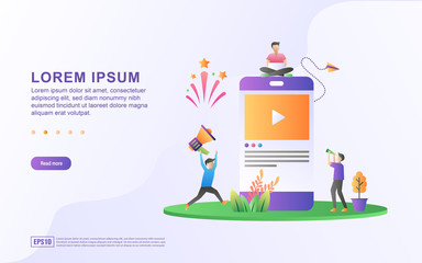 Vector Illustration of Social media marketing concept. The team is promoting its products through social media.