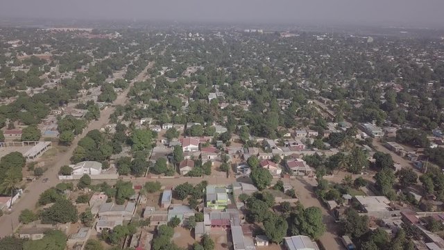 Aerial view of simple houses in developing suburbs of Maputo, Matola, Mozambique