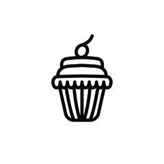 Cupcake Icon Vector Design Emblem Isolated Illustration , Template Logo Design Simple Food Business Bakery , Holiday Party Birthday . Outline Solid Background White
