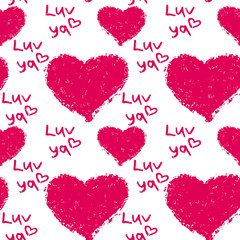 Pink hearts cute trendy seamless pattern with texture and hand drawn "luv ya" (love you) lettering. Applicable for paper or textile print, web and other backgrounds.