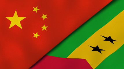 The flags of China and Sao Tome and Principe. News, reportage, business background. 3d illustration