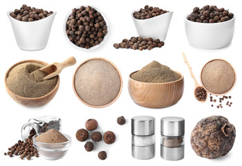 Set of ground pepper and grains on white background